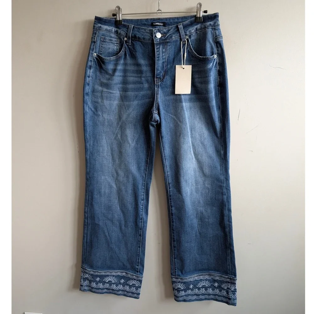 Flamingals Mide Rise Straight Leg Embroidered Hem Jeans Blue Size L NWT